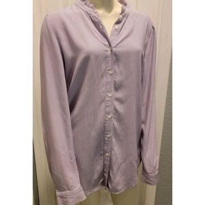 Ann Taylor Purple & White Pinstripe Button Up Ruffle‎ Collar Blouse Oversized SM